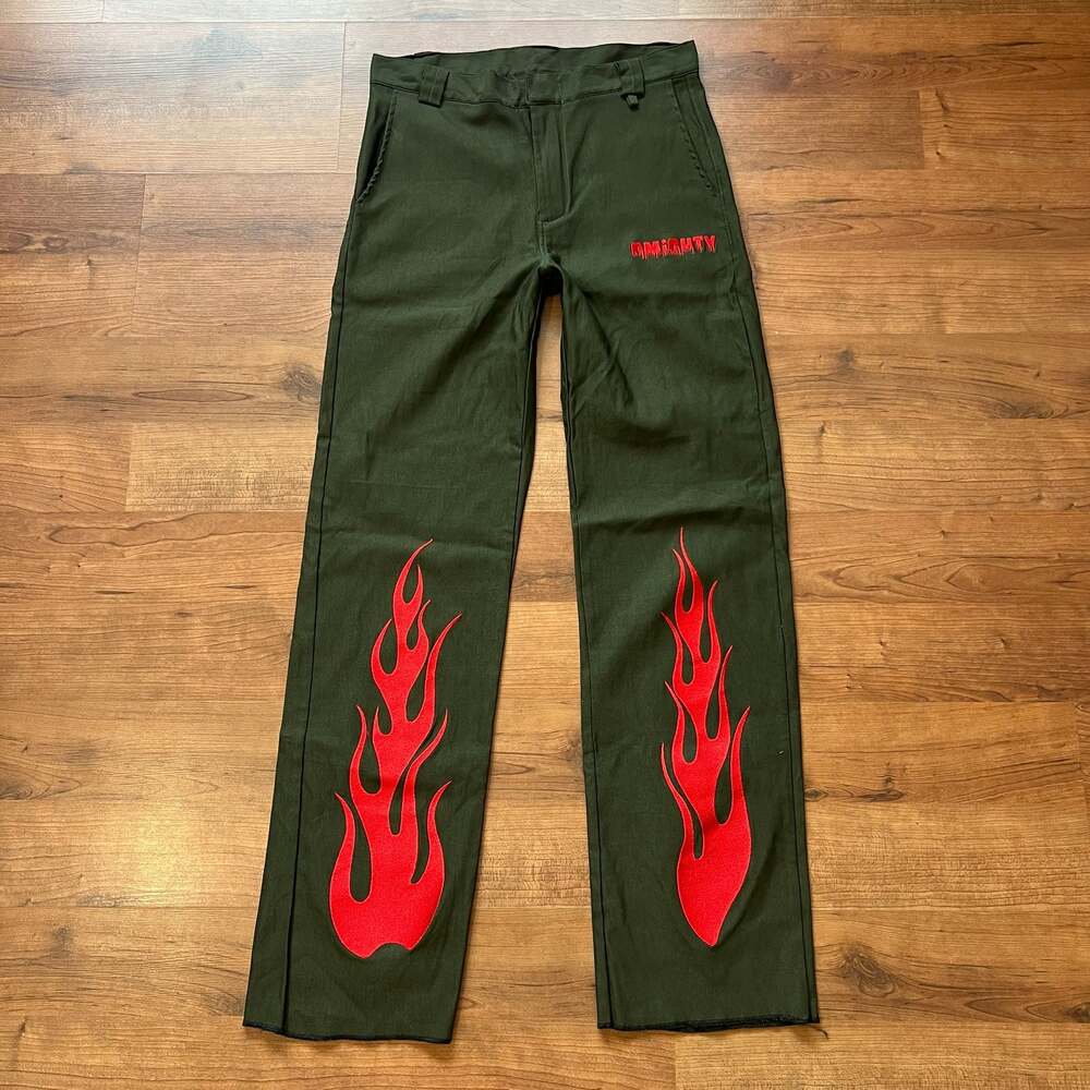 Omighty Army Green Flame Skater Embroidered Pants Size M